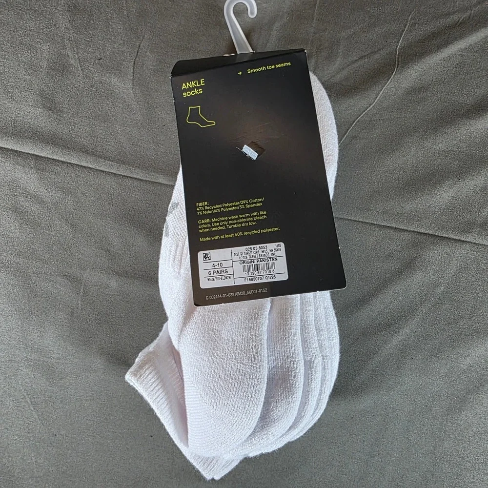 All in Motion Womens White Ankle Socks 6 Pack Arch Support Cushioned Size 4-10